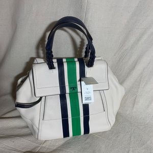 Tory Burch Half Moon Striped Satchel Leather Bag NWT